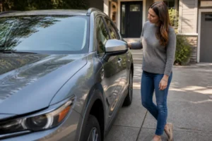 Cliente examinant attentivement l'état d'un véhicule récent dans le cadre des avis aramis auto.