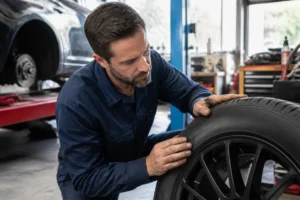 mechanic checking tire details during an avis centrale pneu inspection in a garage workshop