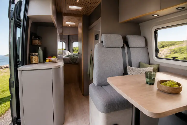 Aménagement intérieur d'un camping-car Bavaria avec banquette et coin repas lumineux