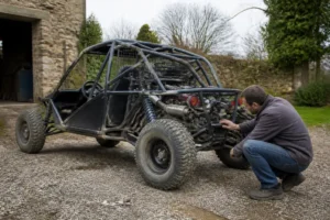 Un mécanicien inspecte des buggies de loisir garés près d'un atelier rural