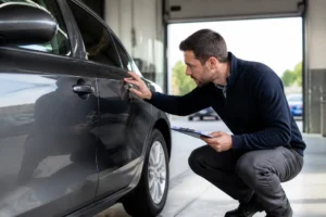 Un inspecteur automobile examine un véhicule d'occasion lors d'un contrôle capcar avis dans un garage lumineux.