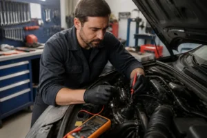 Mécanicien qualifié inspectant et testant un capteur pmh sur un moteur dans un atelier automobile