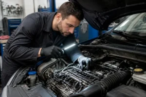Mécanicien inspectant le capteur pression carburant sur un moteur HDi dans un atelier automobile