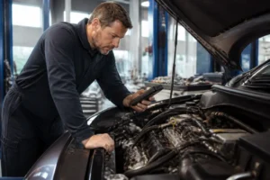 Un mécanicien inspecte le compartiment moteur d'une voiture en atelier avec un outil de diagnostic pour tester le capteur pression turbo.