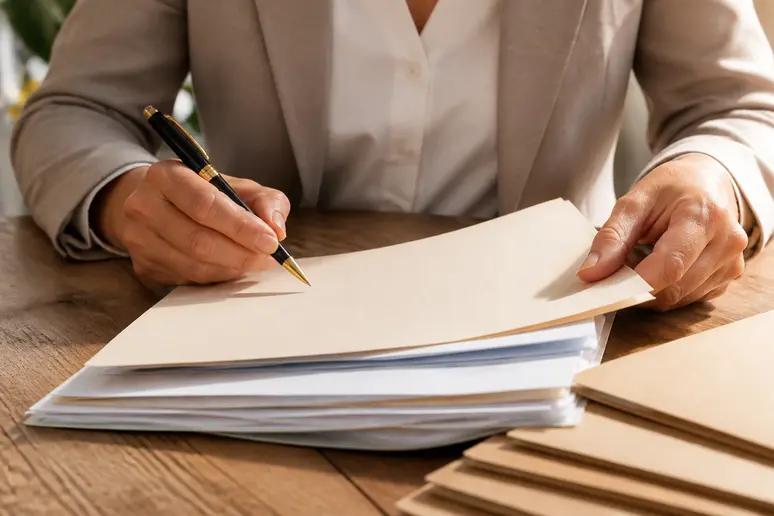 Mains préparant les papiers et la carte grise pour la démarche du certificat de situation administrative