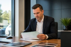 Propriétaire consultant les documents lors de l'obtention d'un certificat de situation administrative pour une voiture