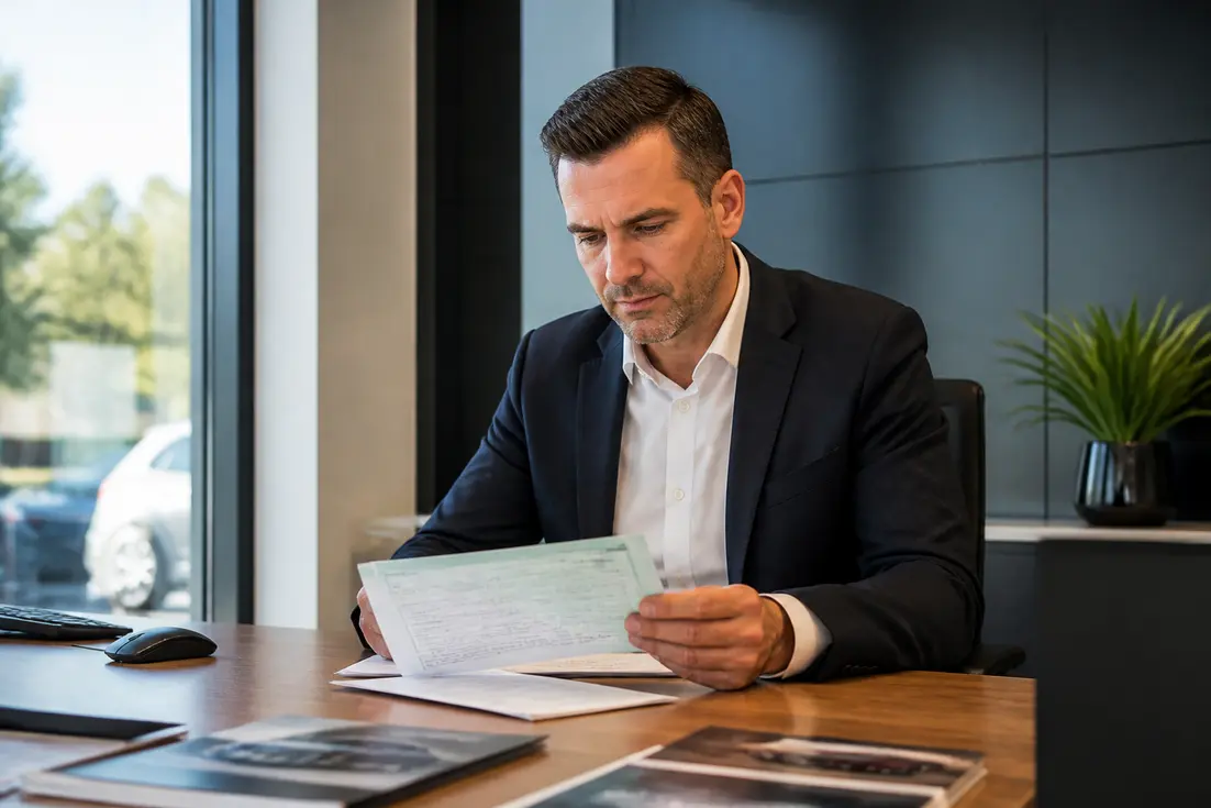 Propriétaire consultant les documents lors de l'obtention d'un certificat de situation administrative pour une voiture