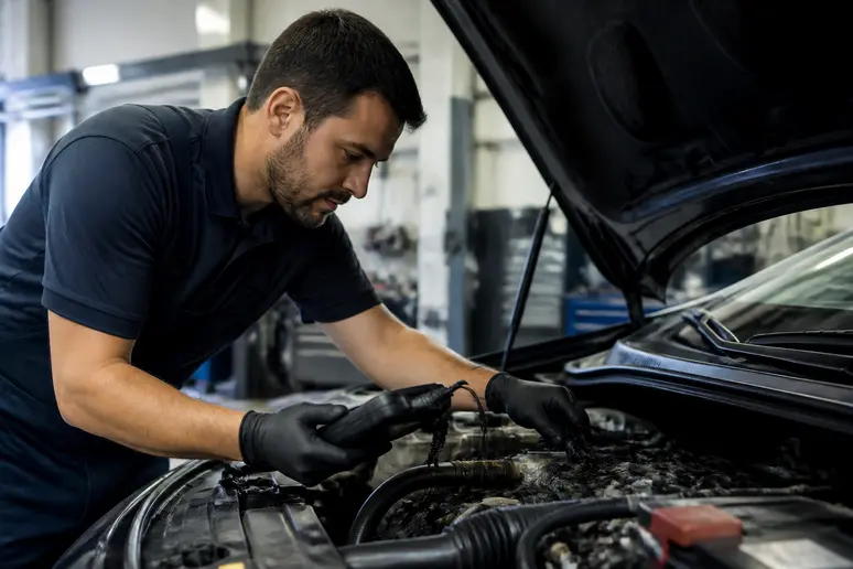 Mécanicien inspectant le compartiment moteur d'un véhicule avant le contrôle technique pollution
