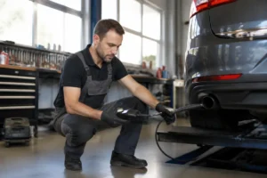 Un mécanicien effectue un controle technique pollution sur un véhicule dans un atelier professionnel.