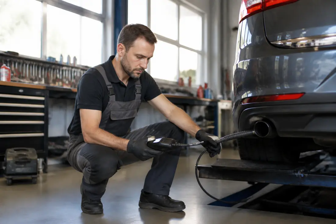 Un mécanicien effectue un controle technique pollution sur un véhicule dans un atelier professionnel.