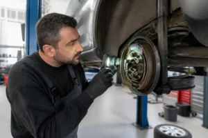 Mécanicien inspectant le système de freinage et un cylindre de roue dans un atelier automobile