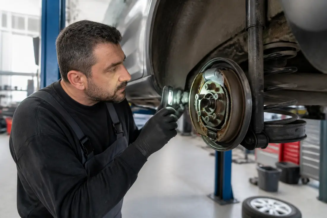 Mécanicien inspectant le système de freinage et un cylindre de roue dans un atelier automobile