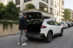 Un utilisateur inspecte le coffre ouvert d'un crossover urbain pour comparer sa dimension ford puma