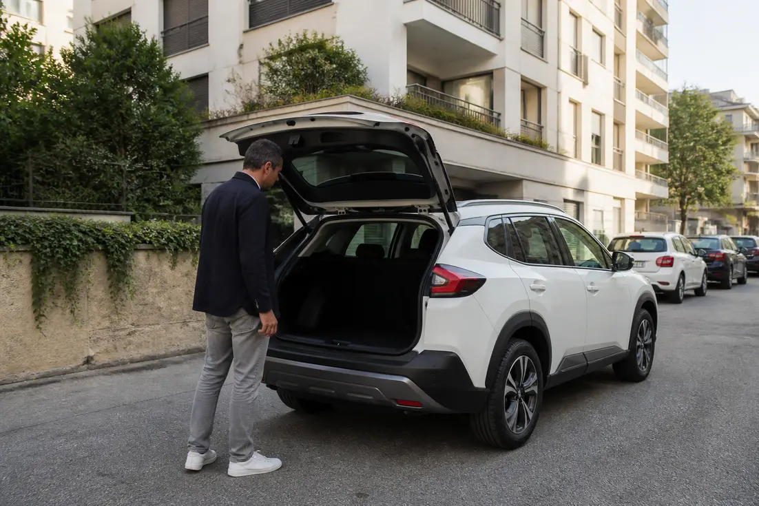 Un utilisateur inspecte le coffre ouvert d'un crossover urbain pour comparer sa dimension ford puma