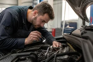 Un mécanicien professionnel inspecte le système hydraulique avec un émetteur embrayage dans un atelier automobile