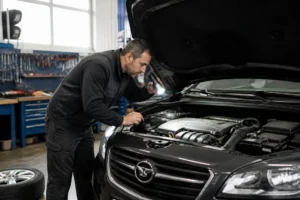 Mécanicien inspectant un moteur de voiture dans un atelier pour réussir son entretien opel éviter pannes.