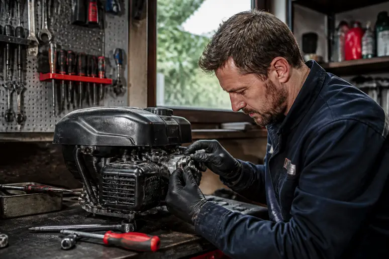 Technicien de l'atelier de motoculture inspectant un moteur thermique pour la réparation d'outils de jardin