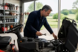 Un mécanicien examine un moteur de tondeuse dans un atelier pour illustrer les espace emeraude cholet avis.