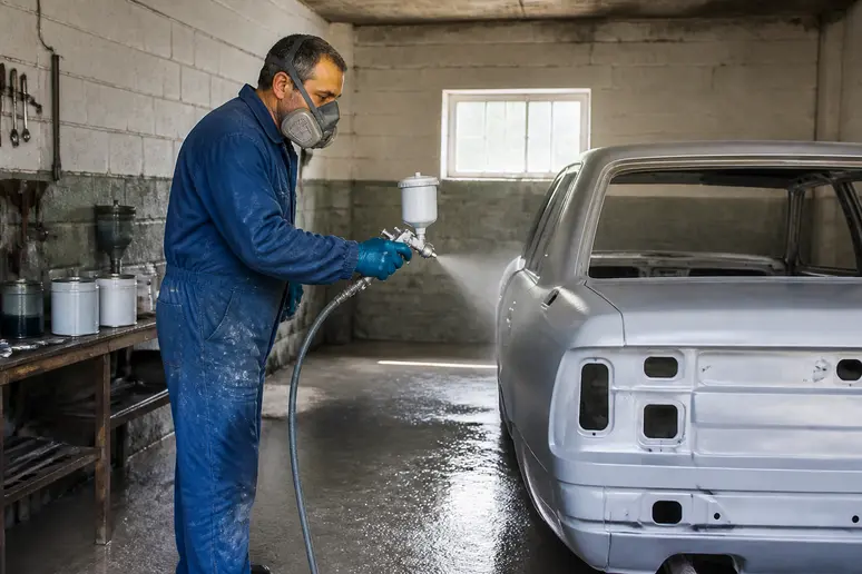 Comment refaire peinture voiture : homme appliquant la peinture au pistolet dans un garage aménagé pour le DIY.