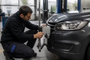 Un mécanicien ajuste le système d'éclairage et les feux de croisement d'une voiture dans un atelier automobile.
