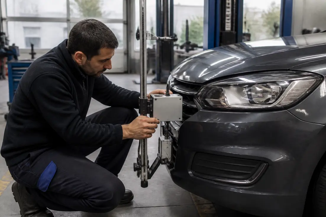 Un mécanicien ajuste le système d'éclairage et les feux de croisement d'une voiture dans un atelier automobile.