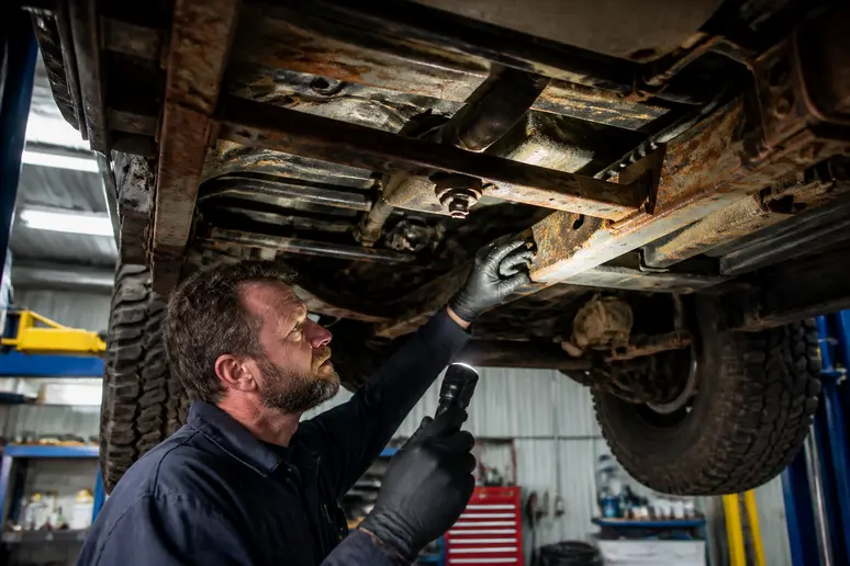 Inspection du châssis et des longerons d'un Toyota FJ Cruiser sur un pont élévateur en atelier