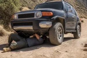Un Toyota FJ Cruiser caractéristiques usage garé sur un chemin de terre lors d'une inspection mécanique.