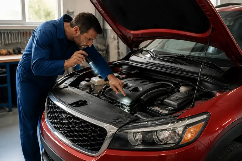 Mécanicien examinant la distribution du Kia Sorento 2.5 CRDi, identifiant des problèmes fréquents.