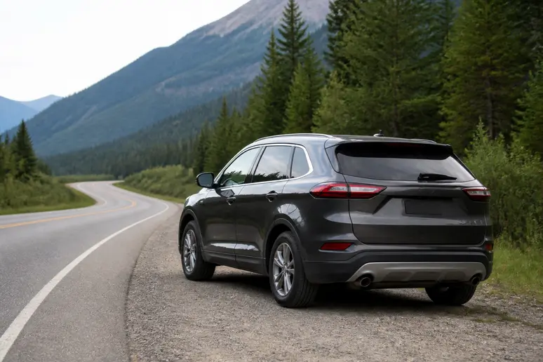 Kia Sportage hybride garé sur le bas-côté d'une route de campagne
