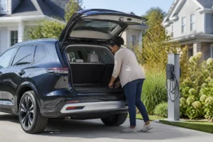 Un SUV hybride stationné dans une allée avec le coffre ouvert, illustrant un Kia Sportage avis.