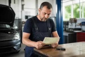 Un mécanicien examine un document officiel pour apprendre à lire une carte grise dans un atelier automobile.