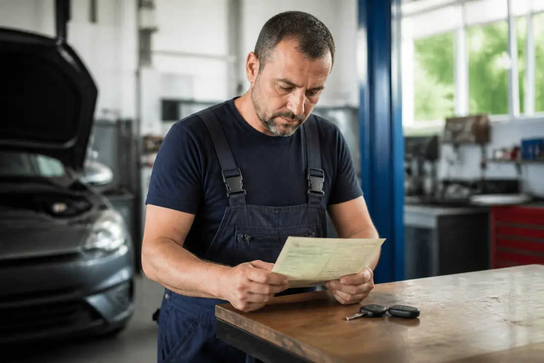 Un mécanicien examine un document officiel pour apprendre à lire une carte grise dans un atelier automobile.