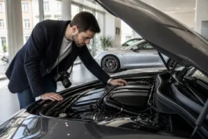 Un expert examine le moteur d'une m3 comp dans un garage lumineux pour comparer les options d'achat.