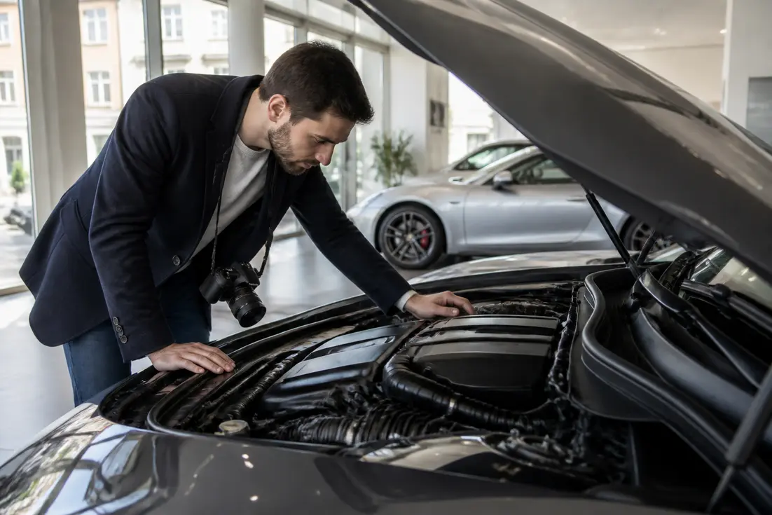 Un expert examine le moteur d'une m3 comp dans un garage lumineux pour comparer les options d'achat.