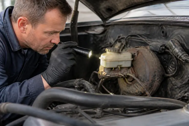Mastervac de freinage installé dans le compartiment moteur d'une automobile lors d'un diagnostic