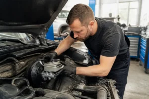 Un mécanicien examine le mastervac rôle système freinage sous le capot d'une voiture dans un atelier.
