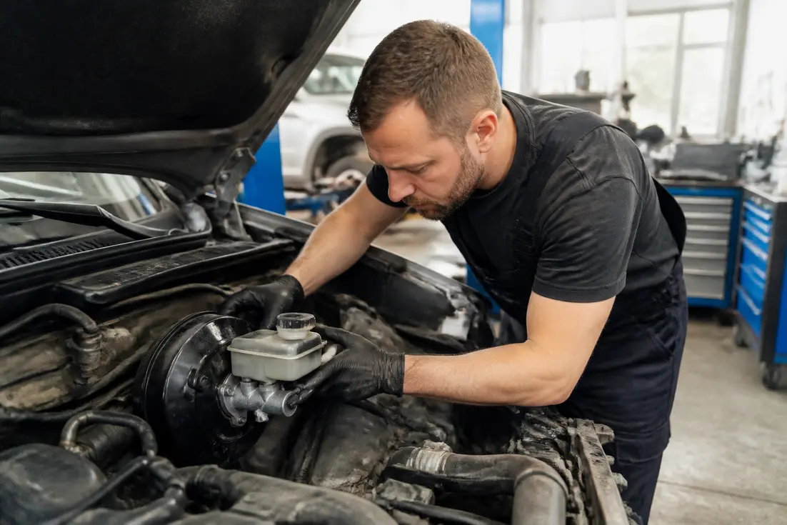 Un mécanicien examine le mastervac rôle système freinage sous le capot d'une voiture dans un atelier.