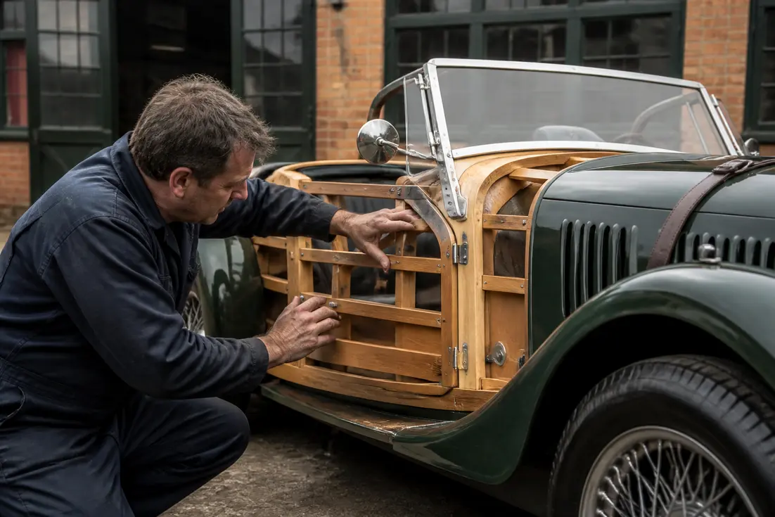Un mécanicien examine une Morgan voiture modèles prix classique garée devant un atelier traditionnel en briques.
