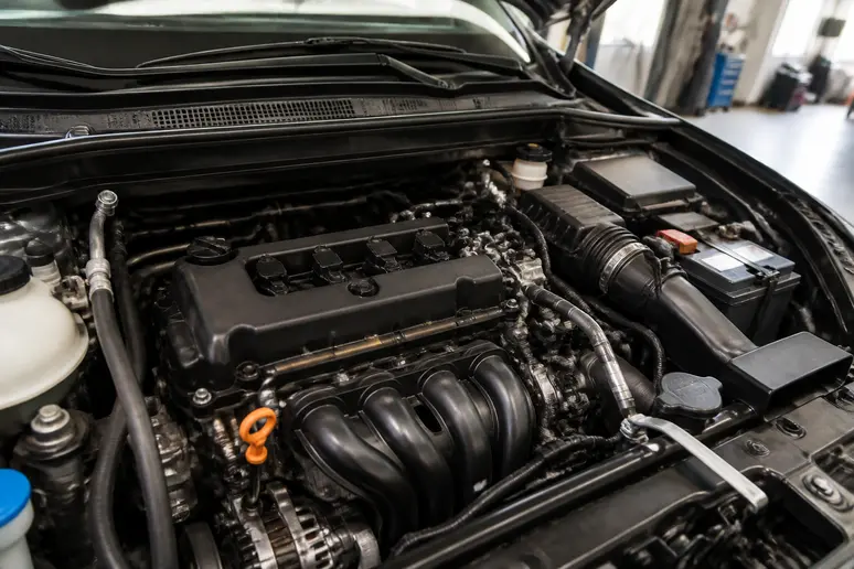 Moteur essence atmosphérique sans turbo installé dans le compartiment sous le capot d'une voiture