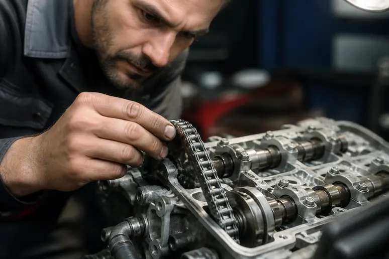 Chaîne de distribution métallique visible sur un moteur thermique ouvert lors d'une révision