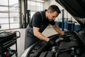 Un mécanicien inspecte le compartiment moteur d'une berline moderne pour trouver un moteur essence fiable dans un atelier.