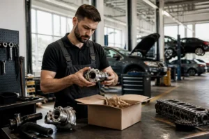 Un mécanicien examine des pièces détachées dans un atelier avec les avis motointegrator