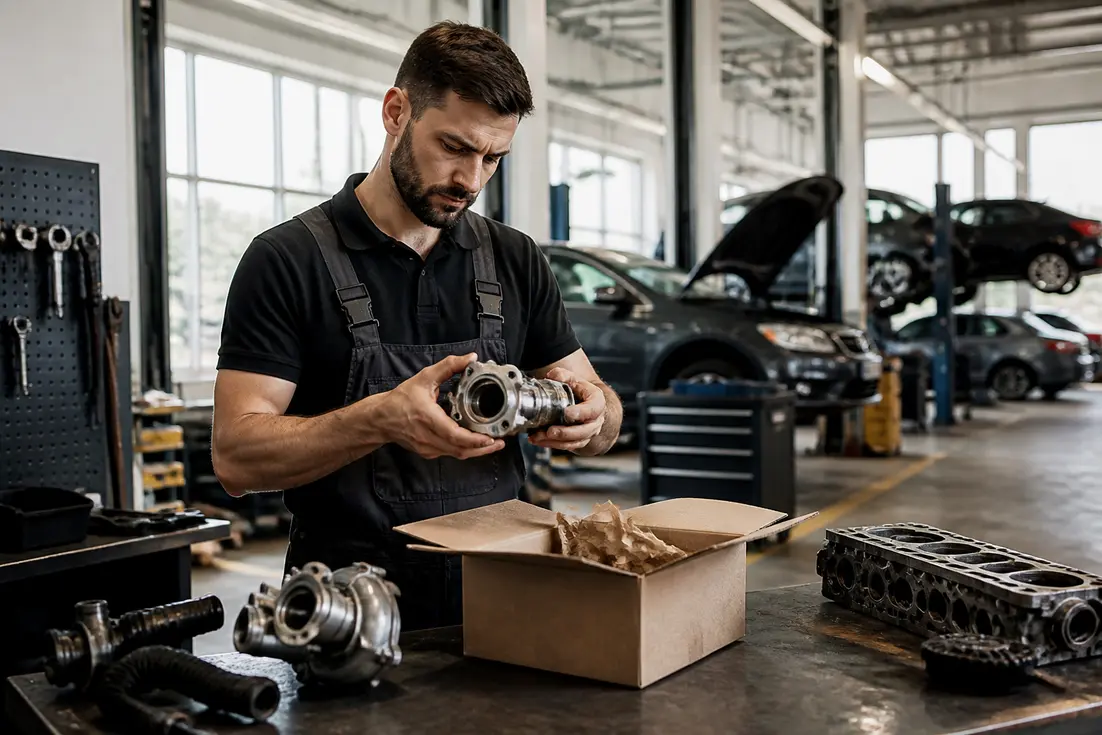 Un mécanicien examine des pièces détachées dans un atelier avec les avis motointegrator