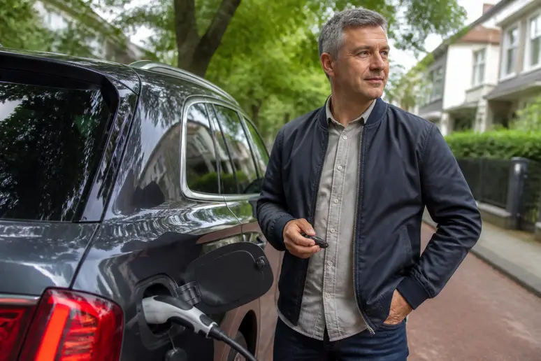 Conducteur près de son véhicule pour analyser son profil d'usage de la voiture hybride rechargeable
