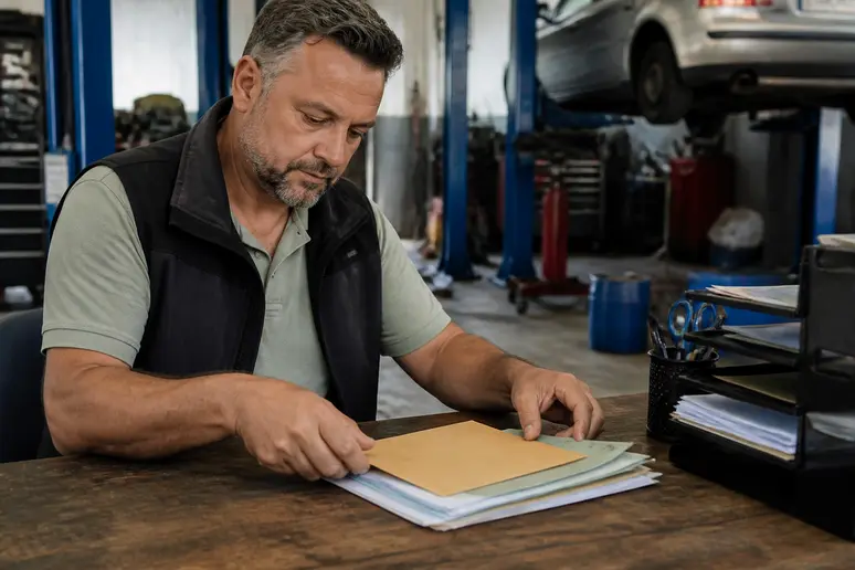 Dossier de renouvellement de certificat W garage préparé sur un bureau d'atelier