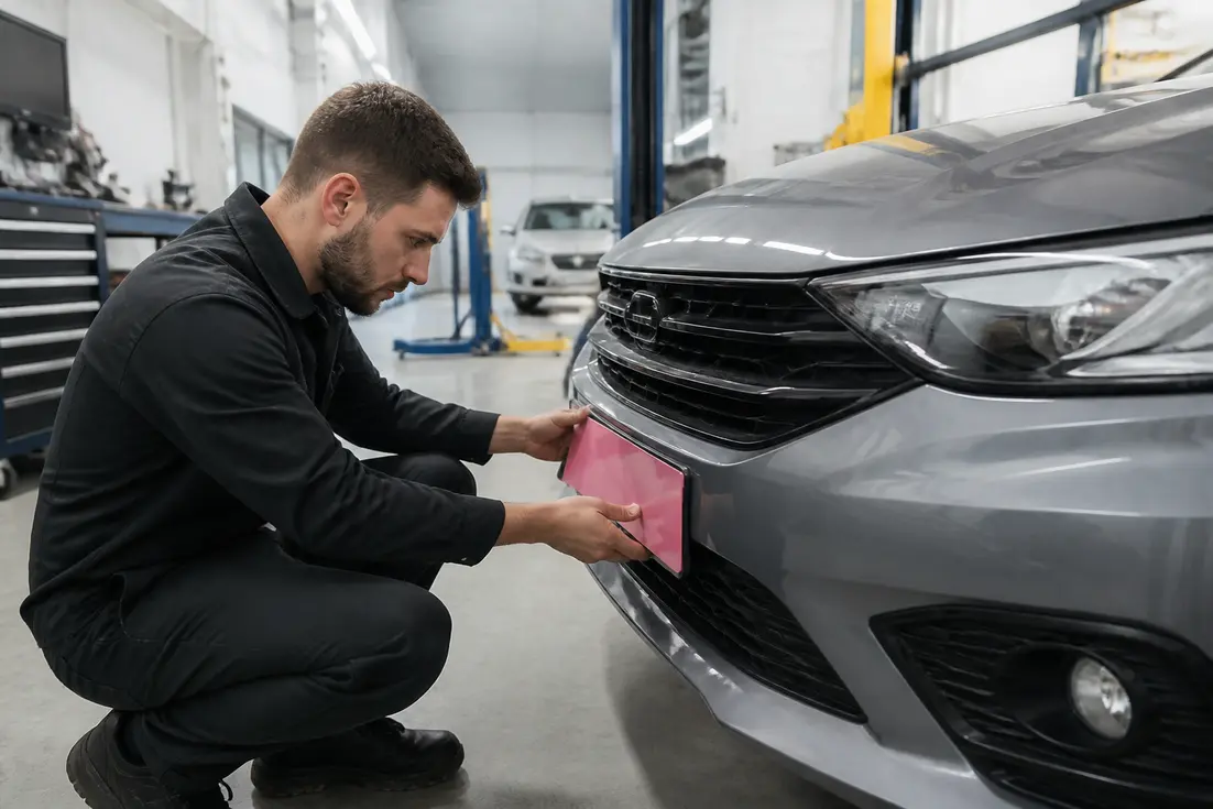 Un mécanicien installe une nouvelle plaque w garage rose sur un véhicule dans un atelier automobile