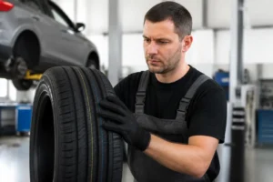 Un mécanicien examine un pneu aplus avis dans un atelier automobile lumineux.