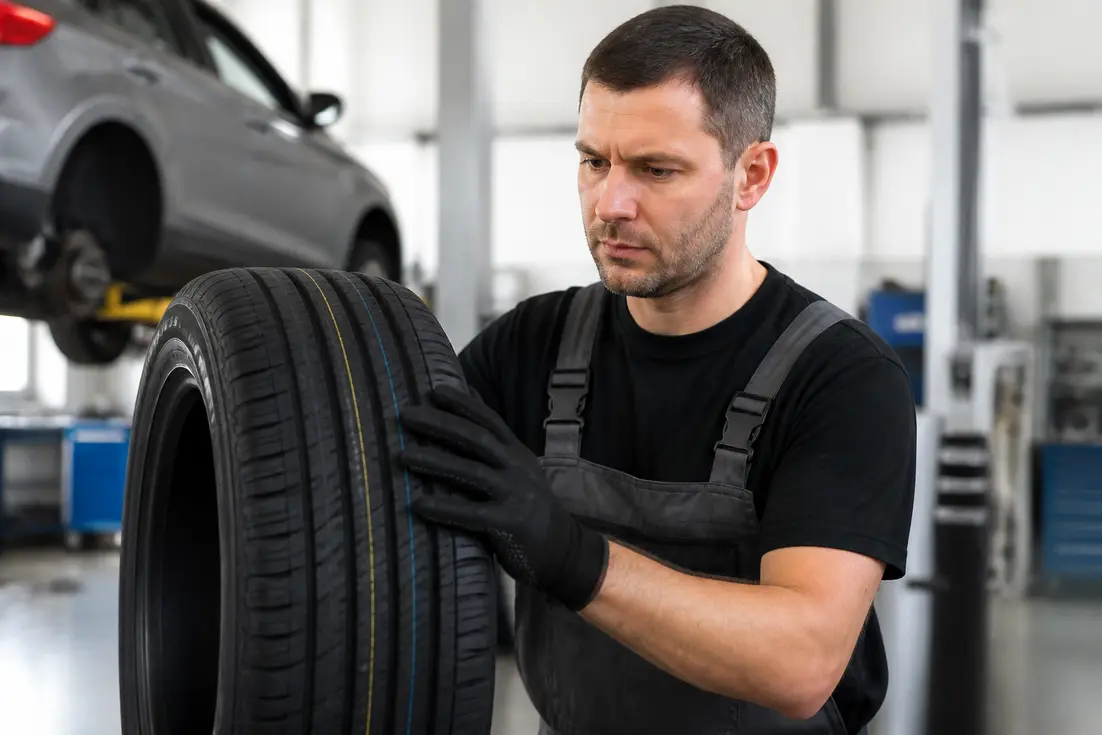 Un mécanicien examine un pneu aplus avis dans un atelier automobile lumineux.