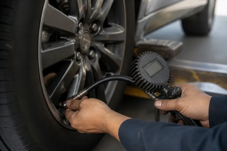Contrôle de la pression pneu fiat 500 avec un manomètre sur une roue.