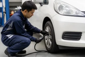 Un mécanicien contrôle la pression pneu fiat 500 avec un manomètre dans un atelier automobile lumineux.
